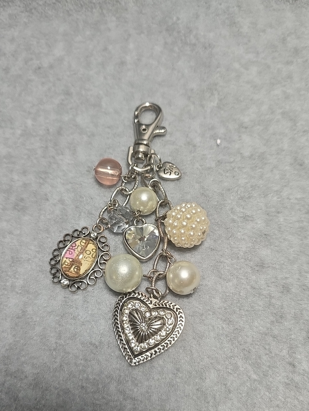 Silver Heart Charm Keychain/Bag Charm with Pearls and Crystal Accents